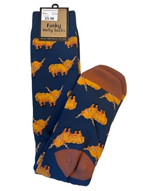 Bartleby Mens Funky Welly Sock Highland Cow